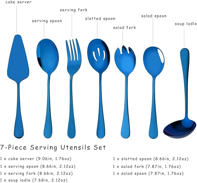 7 Pcs Purple Serving Utensils, Stainless Steel Flatware Serving Set, Include Cake Server/Slotted Spoon/Serving Spoon and Fork/Soup Ladle, Serveware Set for Buffet and Party