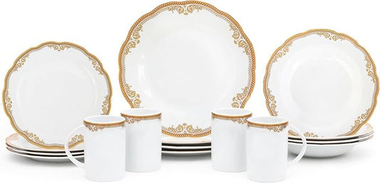 Dinnerware Set for 4 - White with Gold Floral Vintage Design - Porcelain Dish Set Tableware Setting with Mug for Every Day Use or Formal Occasions (Floral 2016, 16 PIECE SET)