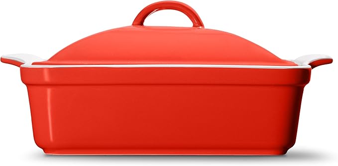 Stoneware Casserole Dish Bakeware with Lid | Covered Square Dinnerware | Large 2.5 Quart, [Passion Red]