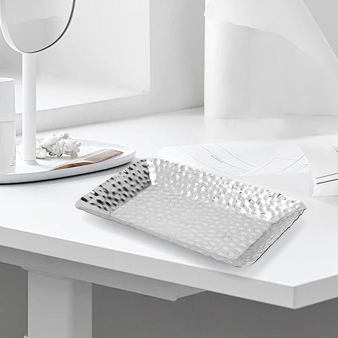 Stainless Steel Towel Tray Rectangular Serving Tray Elegant Silver Decorative Vanity Platter Tray for Kitchen Bathroom Storage Organizer Set of 2