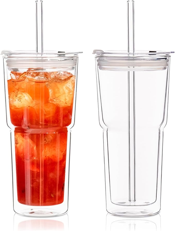 KEMORELA 2PCS 20oz Clear Double Wall Glass Cups with Lids and Straws, Insulated Borosilicate Glass Tumblers, Heat-Resistant, leak-proof Design for Iced Coffee, Bubble Tea, Juice