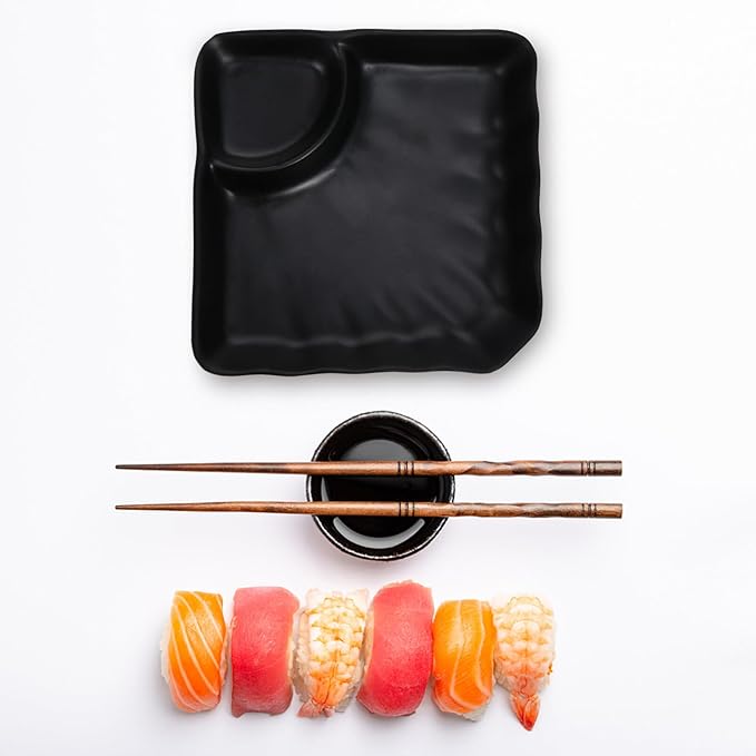 Kichvoe Black Divided Sushi & Dumpling Plate with Sauce Compartment | Japanese Serving Tray for Appetizers & Snacks, 6.88X6.88X1.37In