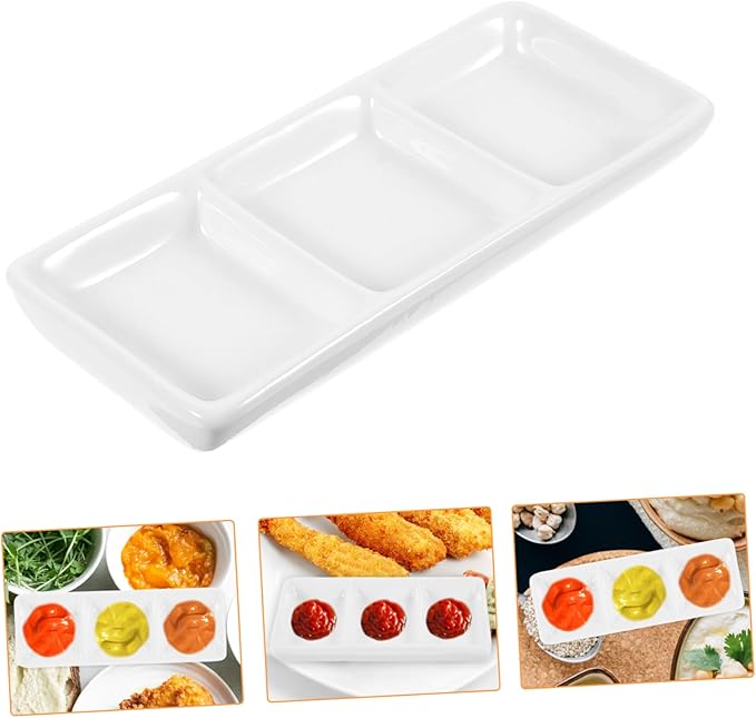 Veemoon Rectangular Sauce Plate Divided Appetizer Serving Tray Ceramic Snack Dishes Spice and Soy Sauce Holder