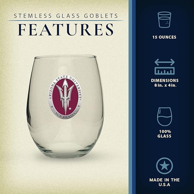 Heritage Pewter Arizona State ASU Sun Devils Stemless Glass Goblets – Set of 2 | 15 OZ Goblet Wine Glasses | Expertly Crafted Pewter Glass
