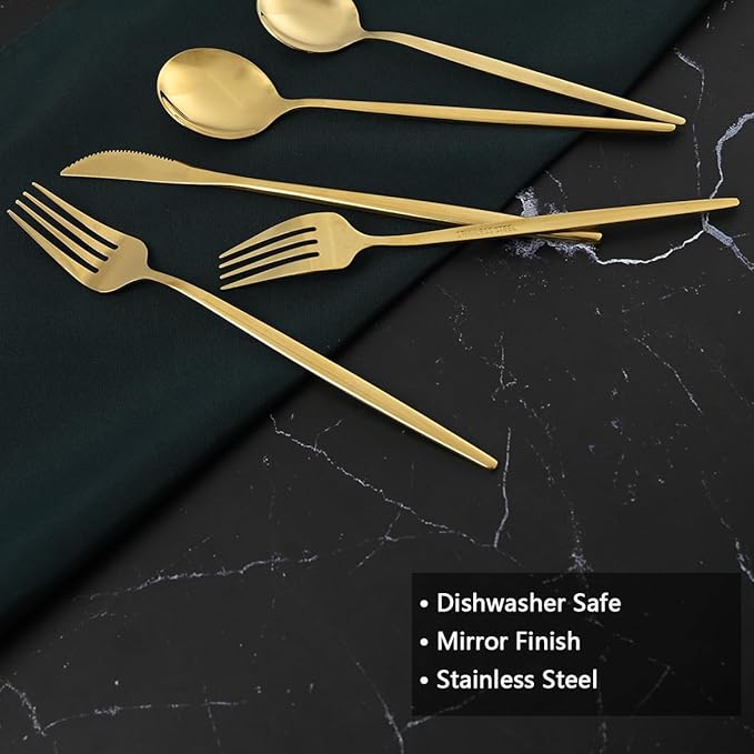 20-Piece Gold Silverware Set for 4, Titanium Golden Stainless Steel Flatware Set, Golden Cutlery Set for Home and Restaurant, Daily Utensil, Mirror Polished, Dishwasher Safe, Serving for 4