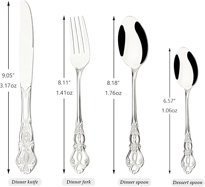 8-Piece Luxury Royal Silverware Set, 18/10 Stainless Steel Silver Flatware Set Service for 2, Tableware Cutlery Set Includes Forks Spoons Knives, Modern Design & Mirror Polished Dishwasher Safe