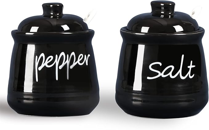 ONTUBE Ceramic Salt and Pepper Bowls with Lid and Spoon 12oz (Black)