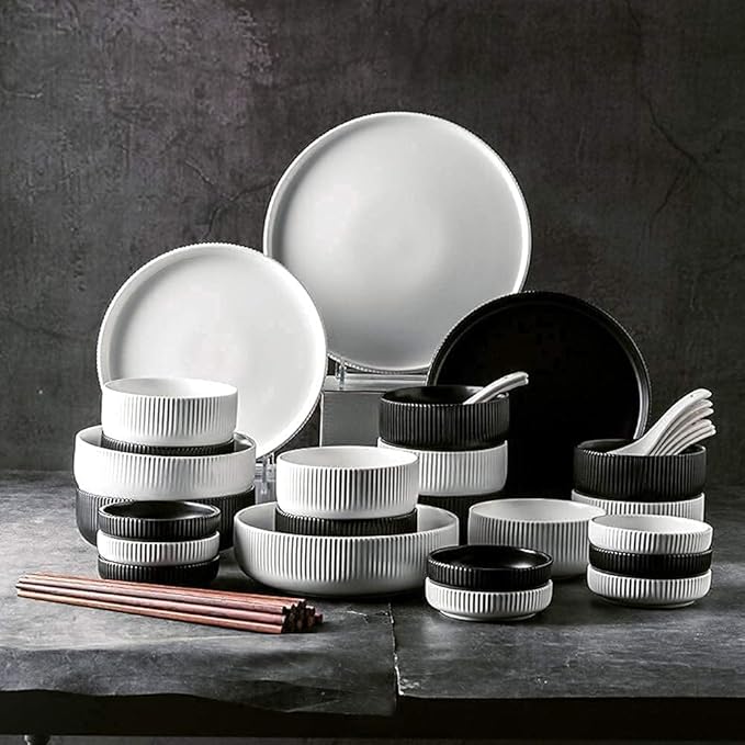 Dinnerware Set Kitchen and Dining,38-Piece Ceramic Dinnerware Set,Nordic Black White Creativity Porcelain Tableware Set with Bowls Dinner Plate Spoo