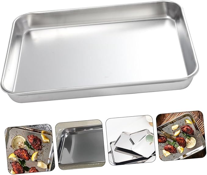 Cabilock Stainless Steel Rectangular Serving Tray 430 Food Storage Plate Flat Bottom Design for Restaurants and Hotels Silver Cooking Tray for Appetizers and Desserts