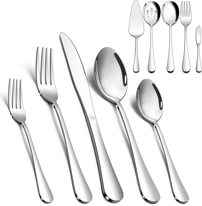Vesteel 45 Pieces Silverware Set with Serving Utensils, Stainless Steel Modern Flatware Cutlery Set for 8, Eating Utensils Tableware Include Forks Knives Spoons, Mirror Polished & Dishwasher Safe