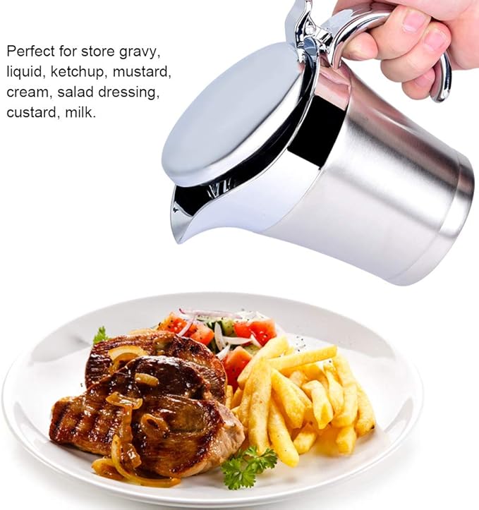 450ml/15oz Gravy Boat, Stainless Steel Double Wall Insulated Thermal Sauce Gravy Jug with Cover, Gravy Boat for Gravy Salad Custard Cream Sauce and so on