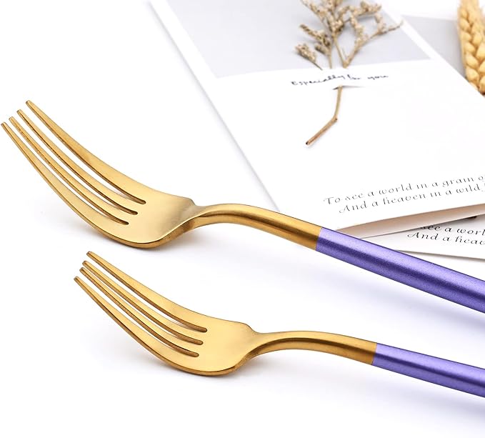 24-piece Snplowum Matte Gold Tableware, 18/10 Stainless Steel Utensils Heavy Serving Set With Purple Handle For Dinner & Dessert Home Restaurant Flatware Set, Service For 4 (Purple Gold)