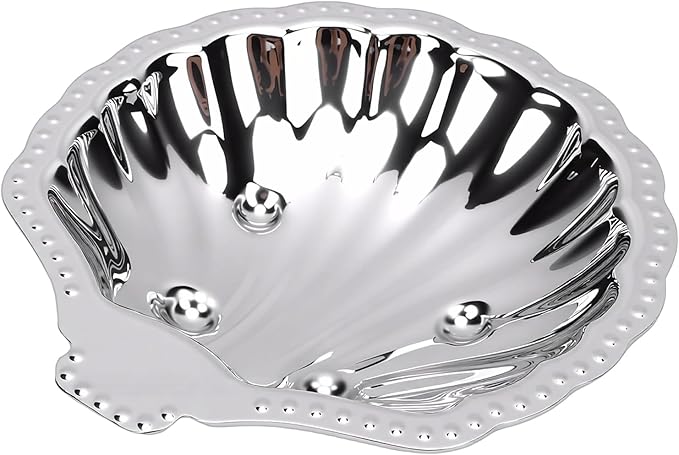 Pssopp Serving PlattersFruit BowlsTrays Dish, 304 Stainless Steel Silver Vintage Shell Shape Tray for Jewelry Nuts Dried Fruits Appetizers Metal Snack Serving Silver Tray
