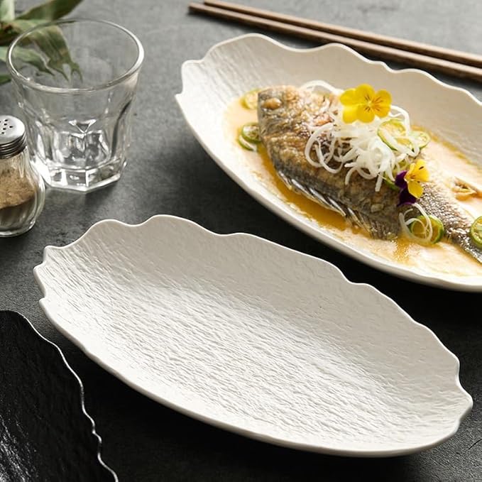Dessert Plates Creative Stone Fish Plate Tableware Household Steamed Modern Ceramic Simple Dish Dinner Tableware(White,12inch)