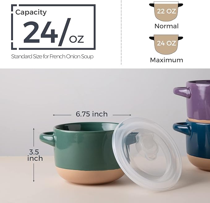 AmorArc 24 Ounces Soup Bowls with Large Handles and Lids, Stoneware Bowls Set of 2 for Soup, Cereal, Stew, Noodle, Colourful Ceramic Kitchen Bowls, Microwave&Dishwasher Safe, Green&Purple