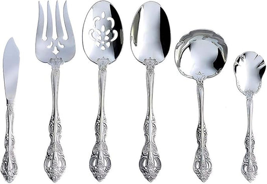 Oneida Silverware Serving Utensils Set of 6, Michelangelo 6-Piece Fine Flatware Set, 18/10 Stainless Steel, Serving Spoons Fork Ladel & Spreader, Mirror Finish Dishwasher Safe (Silver 6 Piece)