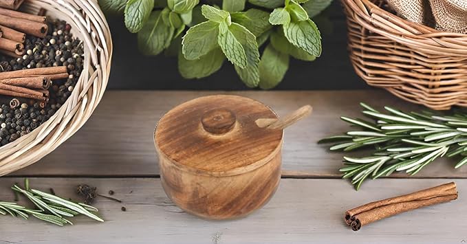 Decorative Rustic Wooden Sugar Bowl & Spoon With Lid Wide Mouth Candy Treat Jar Spice Jar Holder Condiment Nuts Serving Bowl Pot Salt Spice Herb Loose Leaf Tea Storage Container Novelty Home & Kitchen