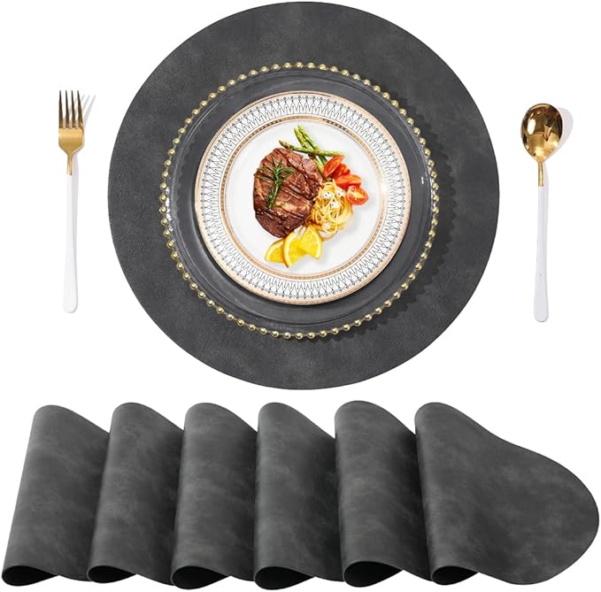 UnivoColors PU Leather Placemats Set of 6,15 Inches Round Washed Cowhide Pattern Table Mats for Dining Table, Kitchen, Party Decoration(Dark Gray)