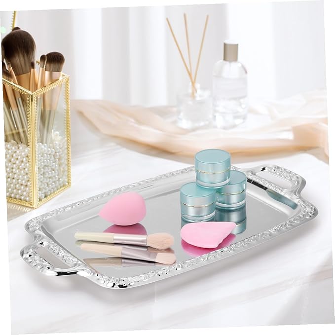 DOITOOL Vintage Silver Serving Tray Metal Decorative Tray for Serving Food Condiments Fruit, Rectangular Tableware for Kitchen Dining Living Room, 15. 35 X 9. 05 Inch