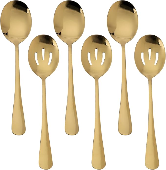 6 Pcs Gold Serving Utensils Set, 8.7 Inch Stainless Steel Gold Serving Spoons, Includes 3 Spoon and 3 Slotted Spoon, Buffet Banquet Large Utensils Cutlery Set, Mirror Polished, Dishwasher Safe