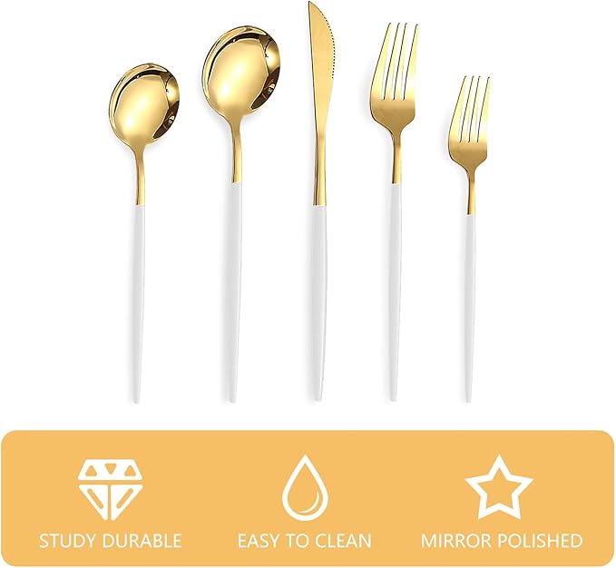 Kawlity Stainless Steel Serving Flatware Durable White & Gold Polished Knives Spoon Forks 30 Pcs Utensil Dinner Tableware, for Kitchen Dishwasher Adults and Children Ideal Gift