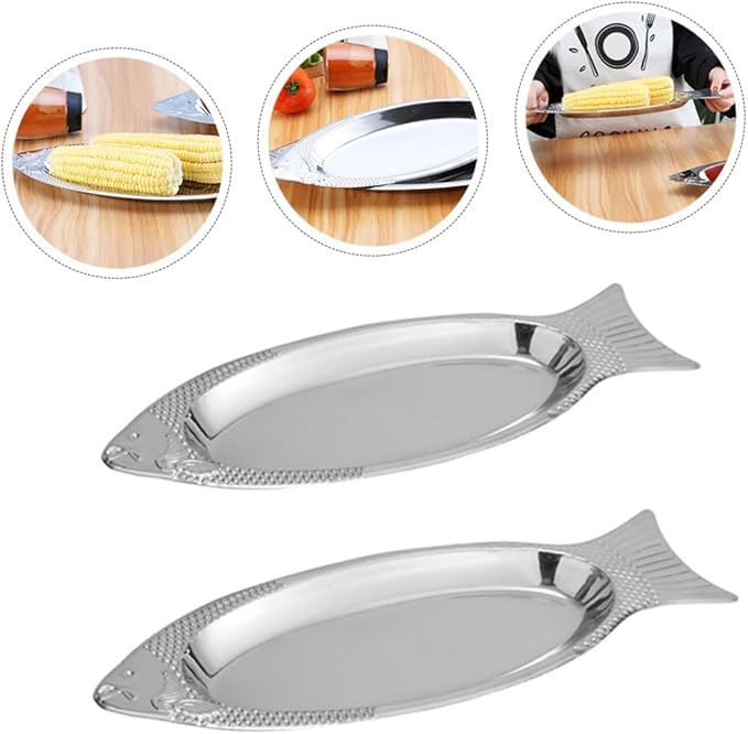 Cabilock 2pcs Stainless Steel Fish Tray Magnetic Base Steamed Fish Dishes for BBQ and Kitchen Silver Serving Plates for Seafood Cooking and Entertaining