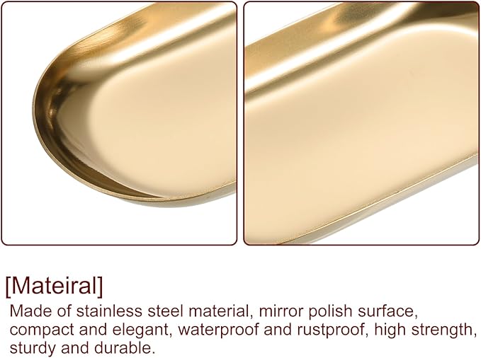 uxcell 4pcs Stainless Steel Decorative Tray, 3.9" Oval Serving Tray Metal Decorative Plate for Perfume Jewelry Cosmetic Bathroom Organizer, Rose Gold