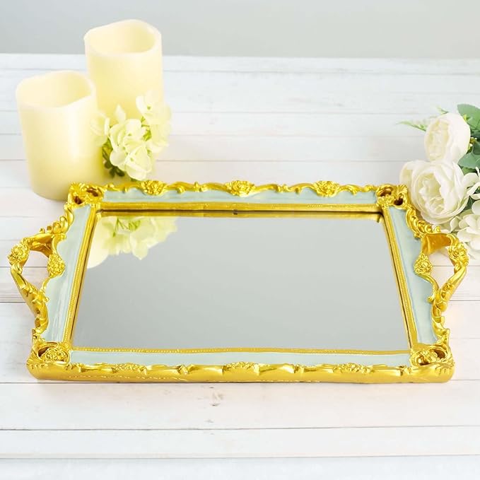Efavormart Metallic Gold/Mint Green Resin Decorative Serving Tray - Rectangle Mirrored Vanity Tray - 15"x10"