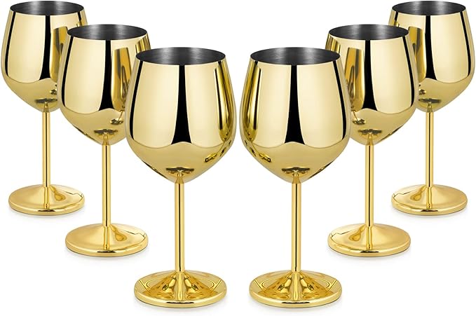 Lifecapido Stainless Steel Wine Glasses Set of 6, 18oz Stainless Steel Wine Goblets, Stemmed Metal Wine Glasses with Cup Brush for Party Office Wedding Anniversary, Great for Red White Wine (Gold)