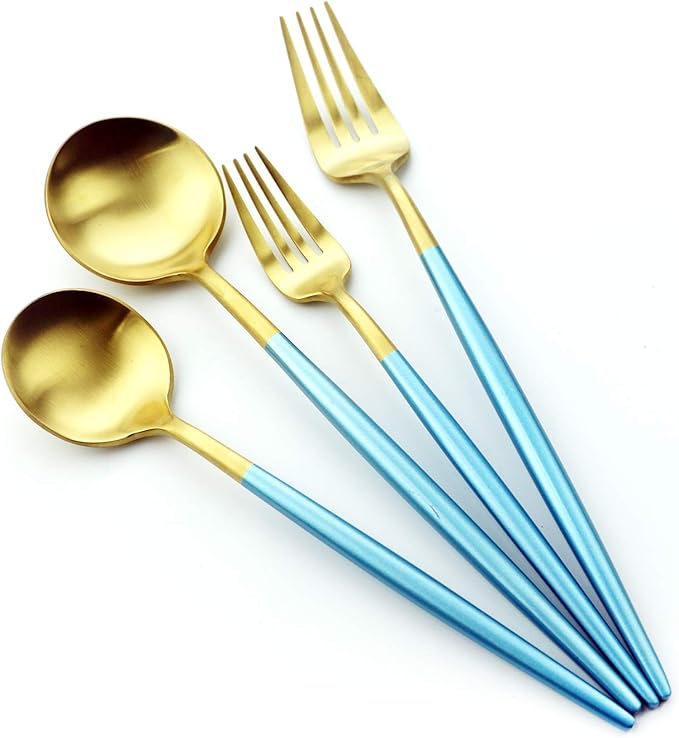 Gugrida 5 Pieces Matte Gold Blue Handle 1810 Stainless Steel Silverware Set