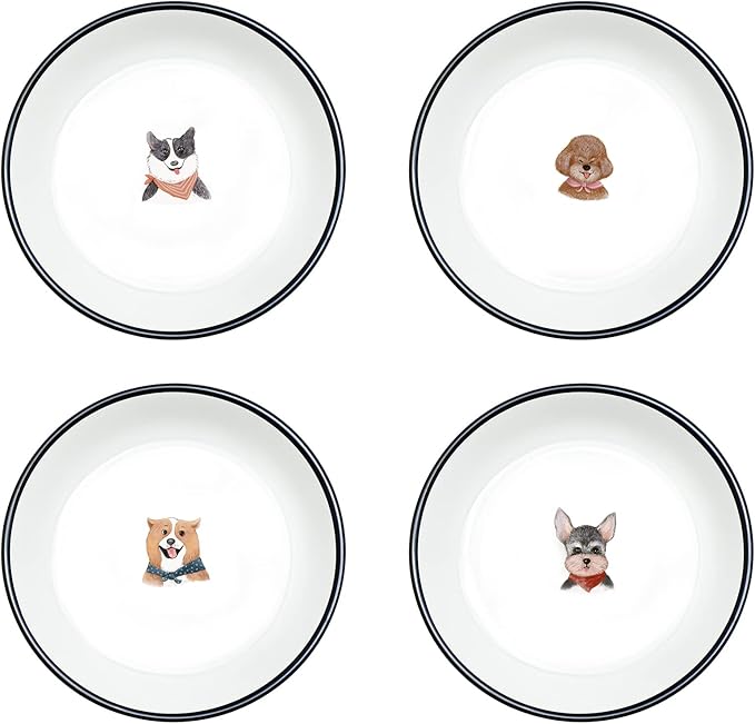 SOCOSY Cute Retro Style Smiling Dogs Ceramic Seasoning Dishes Sauce Dish Sushi Dipping Bowl Appetizer Plates Tea Bag Holder Serving Dish for Kitchen, 5 Inch, Set of 4