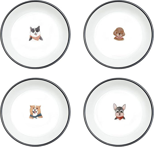 SOCOSY Cute Retro Style Smiling Dogs Ceramic Seasoning Dishes Sauce Dish Sushi Dipping Bowl Appetizer Plates Tea Bag Holder Serving Dish for Kitchen, 5 Inch, Set of 4