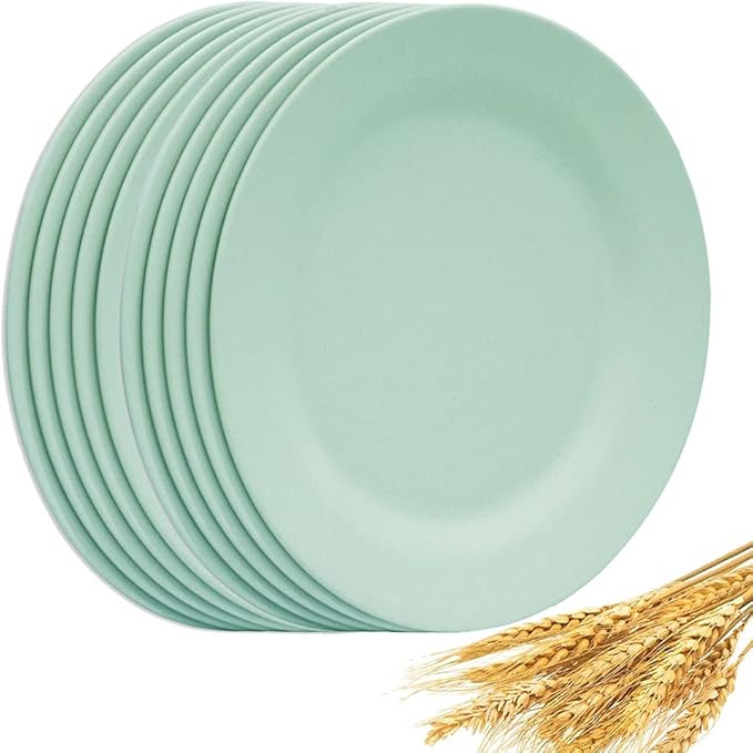 NA Set of 10 Large Dinner Plates 11 Inch, Reusable Wheat Straw Dessert Dishes, Round Pasta Salad Serving Plate, Unbreakabl Fiber Tableware for Party Steak Pizza (Green)