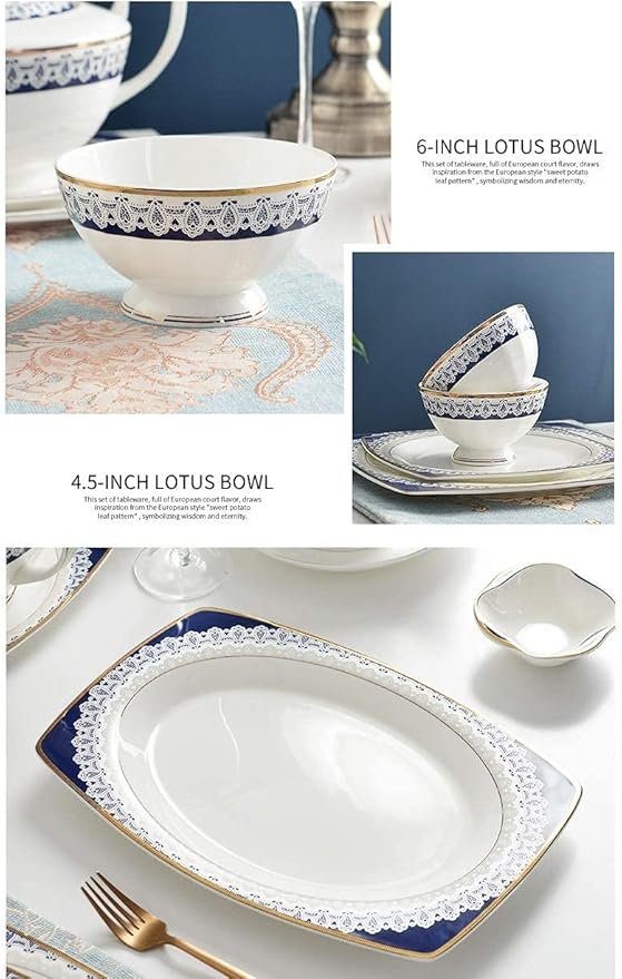 Dinnerware Sets - Luxury Gift Dishes Service Set, 60-Piece Bone China Blue and White Dinnerware Set Nordic Style and Luxury Designed Tableware Set Service for 8 Peopl,
