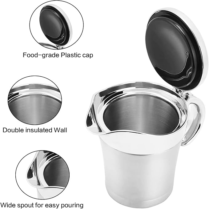 Gravy Boat Stainless Steel Double Insulated Sauce Jug with Hinged Lid, Perfect for Serving Jars of Gravy or Cream for Thanksgiving, Halloween, Christmas (450ML-16oz -Sliver）