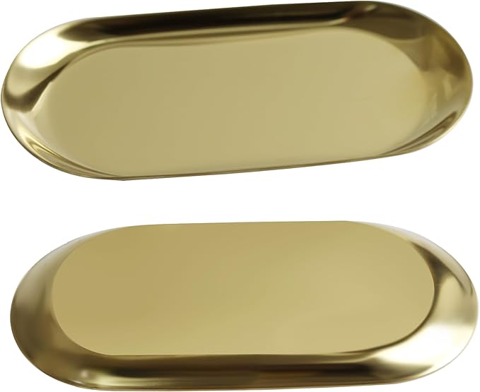 2Pcs 7x3.3inch Stainless Steel Decorative Trays, Oval Jewelry Dish Cosmetics Organizer, Gold Serving Platter for Bathroom Vanity Dresser Storage