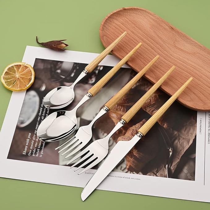 20-Piece Wood Handle Silverware Set 304 Stainless Steel Flatware Set Service For 10, Forks Spoons and Knives Set for Home, Restaurant, Wedding, Party (White Ash Wood)