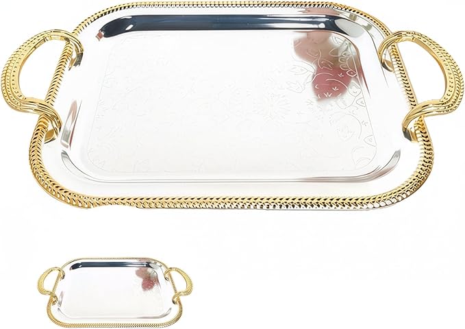 Rectangular Serving Tray Silver with Handles for Parties, Large Metal Tray for Serving Food and Drinks, European Style Tray