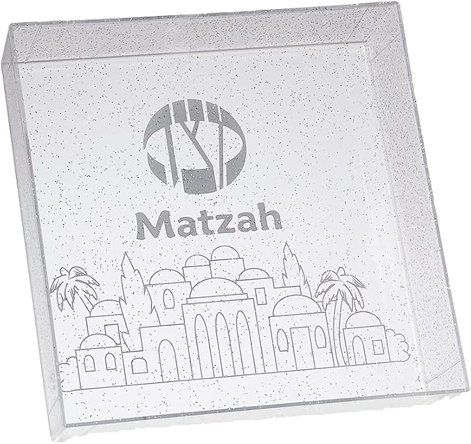 Rite Lite Square Clear Matzah Tray Jerusalem Design with Glitter - Passover Gifts, Passover Matzah Tray, Clear Matzah Tray, Transparent Matzah Tray, Jerusalem Matzah Tray for Passover