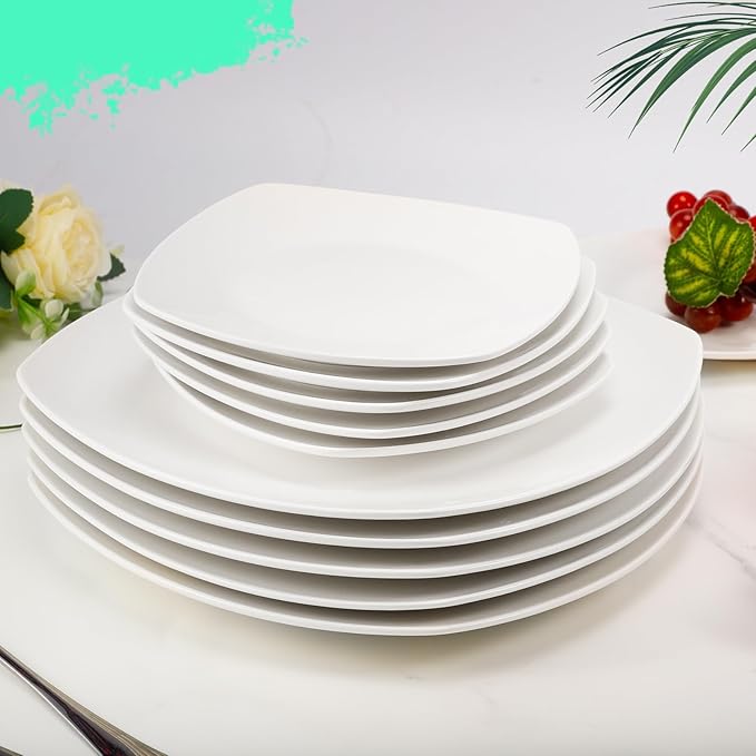 Blcculi 10.5'' Porcelain Dinner Plates,Set of 6 Square Dinner Plates,Porcelain Dessert Plate,White Square Serving Plate for Salad, Pasta, Steak,Snacks