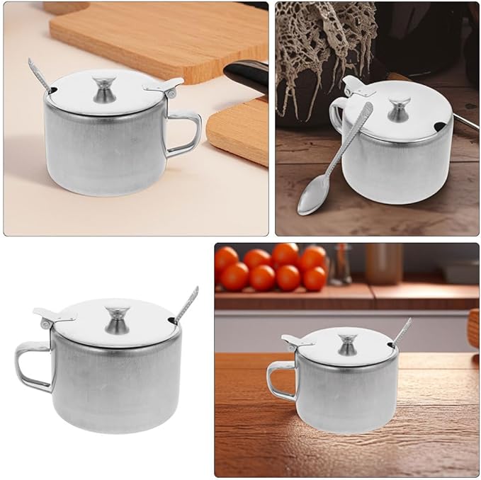 BESTonZON 3 Set Condiment Jars With Lid Spoon 4. 2" Metal Sugar Bowls Stainless Steel Pepper Container Salt Pot Seasoning Bottle For Kitchen Counter