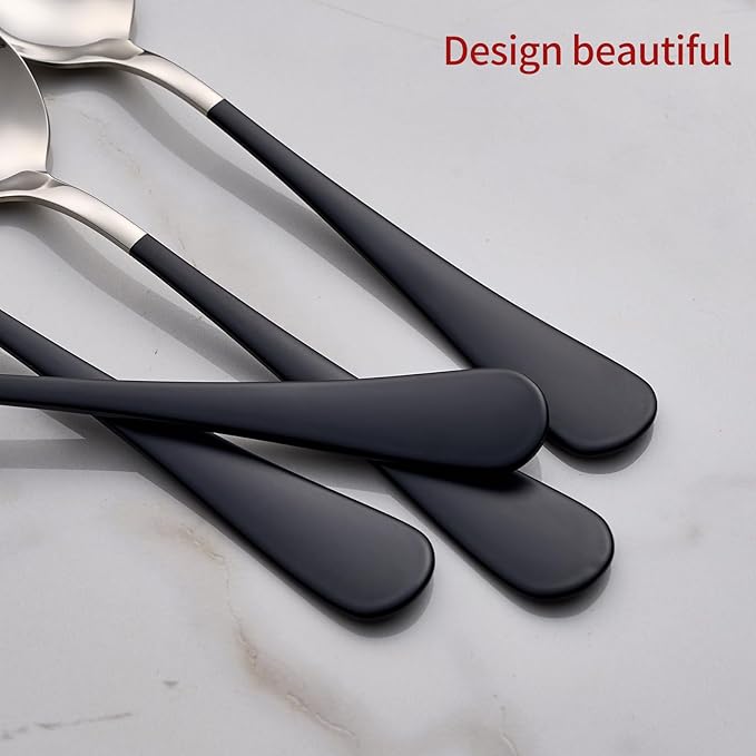 Dinne spoons Set 24 Piece,Black Handle Silverware 18/0 Stainless Steel Flatware Bulk 7.3-inch Dessert Spoons Sets Table of 24,Mirror Finished Dishwasher Safe
