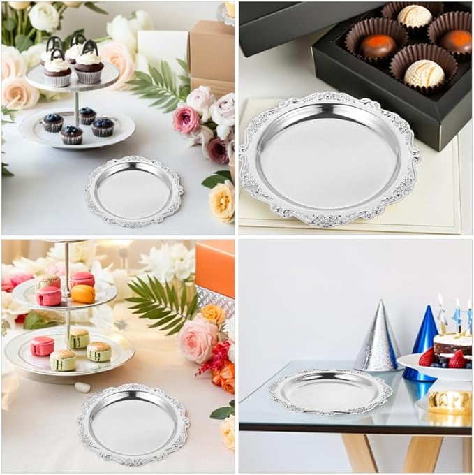 PRETYZOOM 2pcs Retro Metal Tray Decorative Serving Platter for Snacks Appetizer Dessert Elegant Metal Jewelry Plate for Home Decor