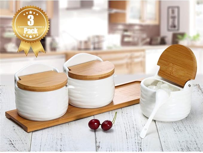June Sky Sugar and Cream Set,Ceramic Sugar Containers with Lid and Spoon - Porcelain White Salt Boxes, Perfect for Kitchen Home,8.8 fl oz 260ML