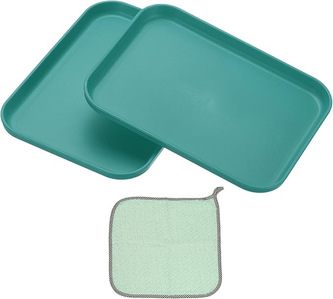 PATIKIL 7.9x5.9 Plastic Tray, 2 Pack Rectangular Plates Small Food Tray Wheat Plates Dishes Reusable Dessert Plate Trays with Cloth for Cake Fruits Salad Cupcake Steak Serving Dark Green