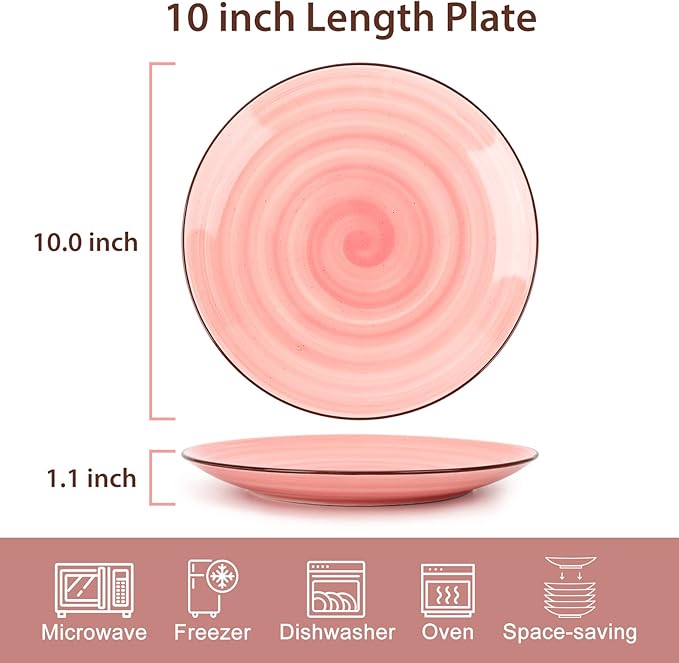 KitchenTour Large Ceramic Dinner Plates, 10 Inch Porcelain Serving Plate for Salad, Dessert Pizza Steak Pasta Plates Set, Dishwasher and Microwave Safe - Set of 6, Assorted Warm Colors