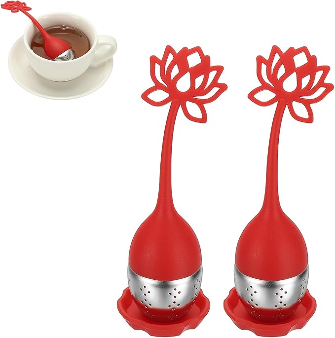 uxcell 2 Pcs Lotus Tea Infuser, Stainless Steel Loose Leaf Tea Steeper Filter with Silicone Handle Reusable Coarse Pores Mesh Strainer Diffuser for Teacups Teapots Mugs, Red