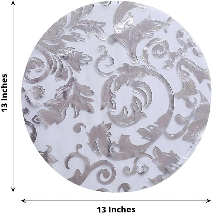 20 Pack 13" Silver Sheer Organza Placemats - Round Floral Foil Design Disposable Elegant Perfect for Parties and Events