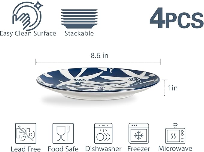 ONEMORE Dinner Plates Set of 4, 8.5 Inch Ceramic Blue and White Salad Dessert Appetizers Plates, Microwave & Dishwasher Safe Scratch Resistant, Small Serving Dish Platters
