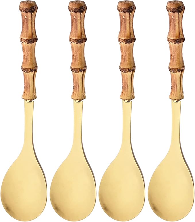 4 Piece Bamboo Handle Serving Set Utensils, 304 Stainless Steel Long Hanlde Serving Fork Spoon For Kitchen Buffet Banquet Wedding Party Cooking (4 Spoons, Gold)